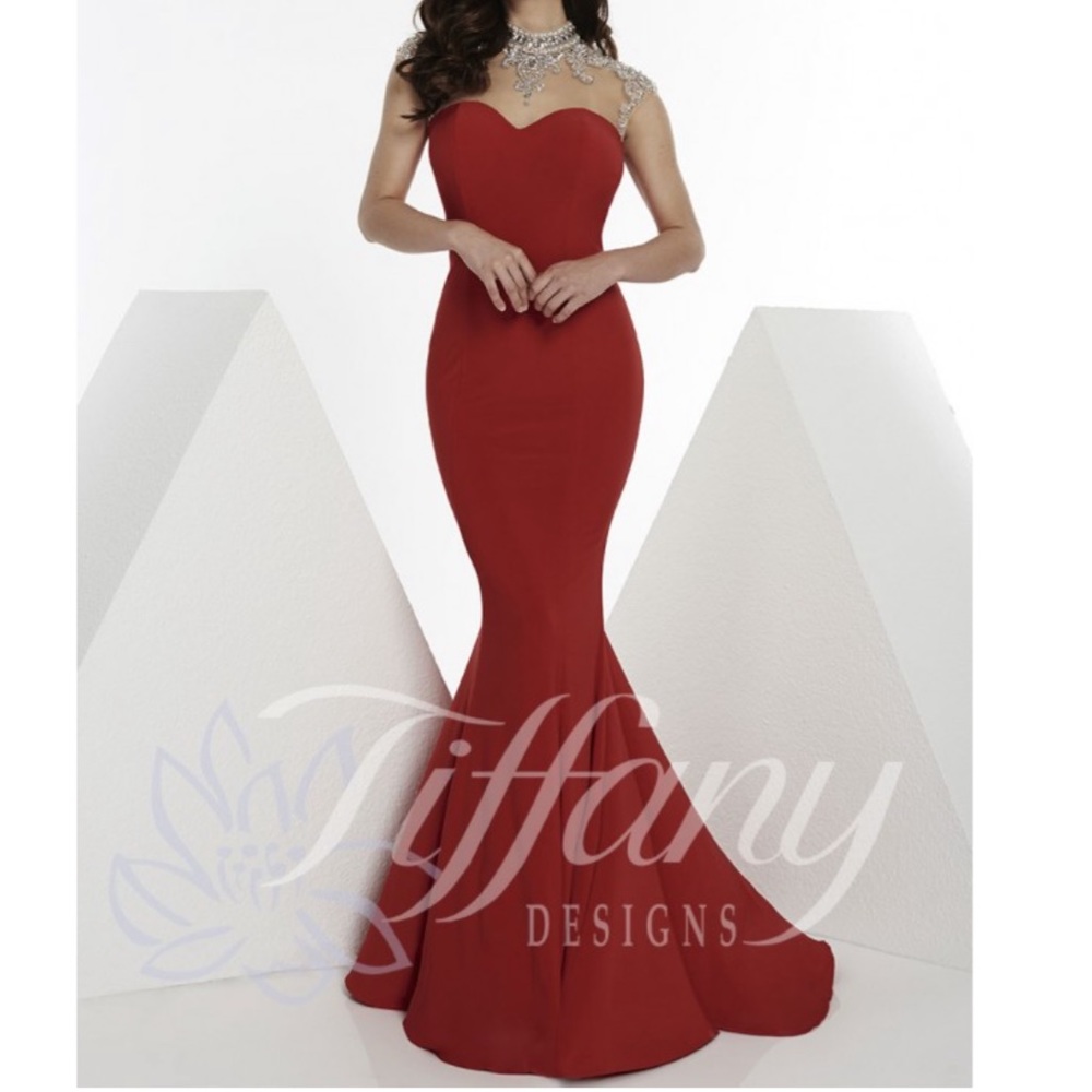 evening gown red sheer top sweetheart neckline